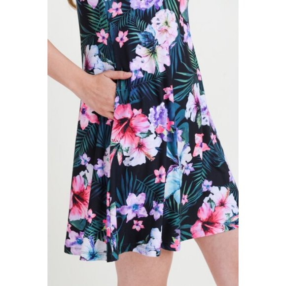 Women's Tropical Floral Print Fit Flare Dress BLK - Picture 6 of 7